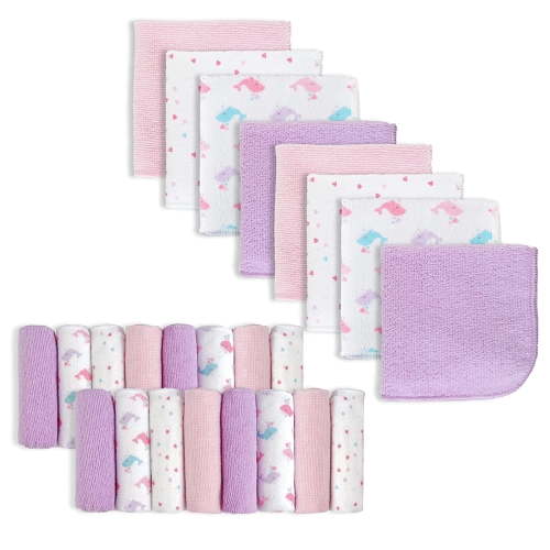 Softan Baby Washcloths 24-Pack, 9"×9", Pink Whale Print, Ultra-Soft & Absorbent, Newborn Bath & Face Cloth, Shower Gift