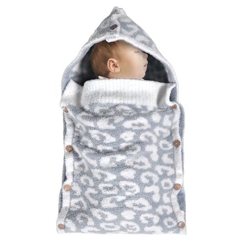 JOOJA Newborn Baby Swaddle Blanket for Boys Girls Essential for Infants 0-6 Months Receiving Blankets Knit Sleeping Bag Stroller Wrap Shower Gift Grey Cheetah