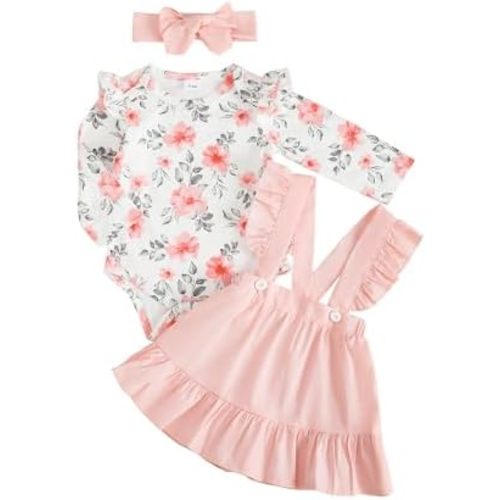 Kucnuzki Newborn Baby Girl Clothes Toddler Long Sleeve Ruffle Romper Top Infant Skirt Set Little Girl Overall Dress