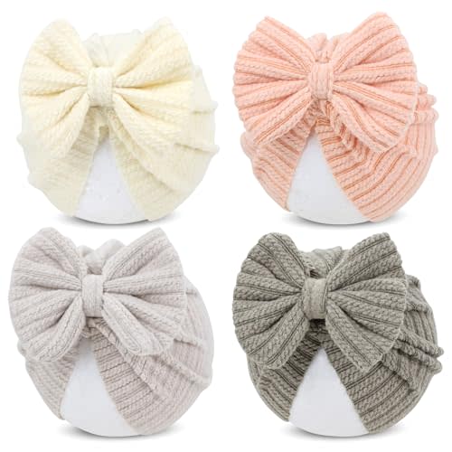 Cinaci 4 Pieces Baby Girls Turban Hats with Bow Newborn Hospital Caps Bonnets Beanies Headwraps for Infants Toddlers