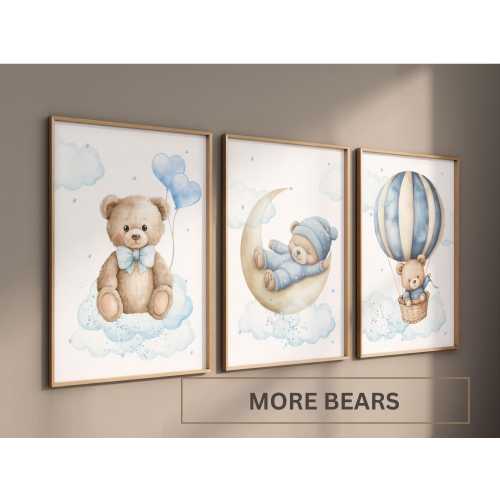 Bear nursery Decor| Set of 3 Teddy bear nursery wall art print| Boy nursery decor | Bear ,Moon, Cloud| Nursery Decor| Baby boy room decor