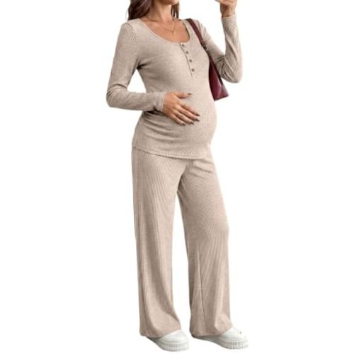 BLENCOT Maternity Clothes Ribbed Knit Long Sleeve Sets Casual 2 Piece Button Down Nursing Matching Outfits Set