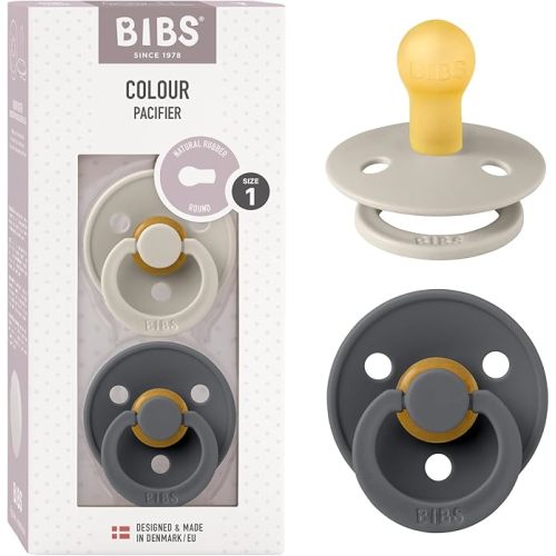 BIBS Colour Pacifiers | Set of 2 BPA-Free Latex Baby Pacifiers | Round Nipple | Made in Denmark (Sand/Iron | 0-6 Months)