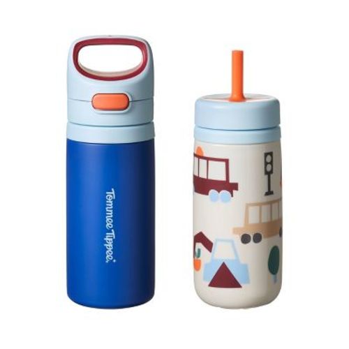 Tommee Tippee 12 fl oz Stainless Steel On the Go Cup and PP Insulated Straw Tumbler Cup Water Bottles - 2pk - Blue and Trucks
