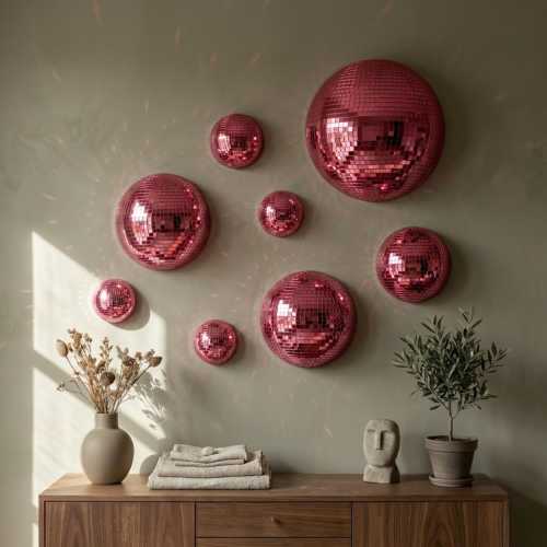 Mirror Tile Disco Ball Wall Decor Set of 3, Pink Retro 70s Room Decoration, Funky Reflective Wall Hanging, Aesthetic Party Home Decor, Uniqu