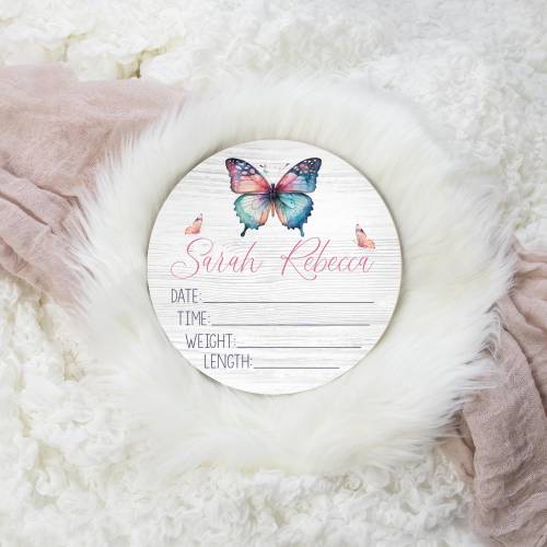 Butterfly Birth Stat Sign, Birth Stat Sign, Round Wood Birth Stat Sign, Pastel Butterfly Stat Sign, Personalized Birth Stat Sign G60