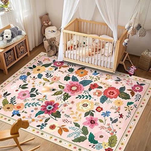 Floral 5x7 Area Rug Machine Washable Soft Print Boho Carpet Non Slip Doormat Low Pile Flower Area Rugs for Living Room Bedroom Nursery Kitchen Dining Room Indoor-Pink
