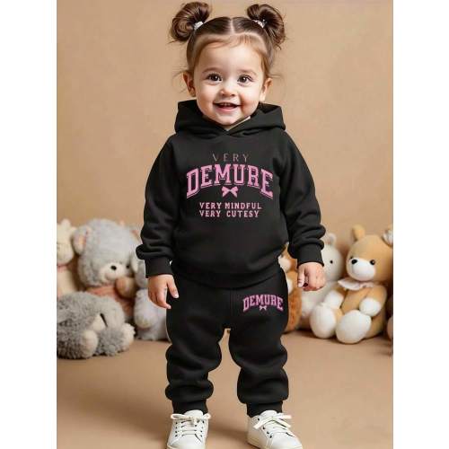 2pcs/Set Baby Girls' Casual Letter Print Black Long Sleeve Hoodie And Sweatpants Set, Baby Girls' Sportswear Set, Toddler Activewear, Toddler Black Hoodie Set, Infant Hoodie & Sweatpants Set, Baby Girls' Autumn/Winter Outfit Baby Sportswear Baby Outfit Ba