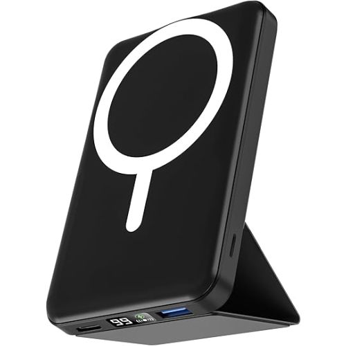 podoru for Magsafe Battery Pack, Foldable 10000mAh Magnetic Power Bank with USB-C Cable LED Display 22.5W PD Fast Charging Wireless Portable Charger for iPhone 17/16/15/14/13/12 Series-Black