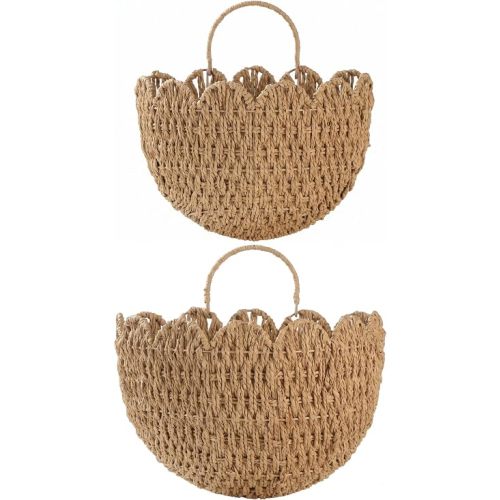 Coeusy Set of 2 Hanging Basket, Paper Rope Wall Basket with Handles, Wicker Scalloped Basket for Nursery,Laundry,Bedroom