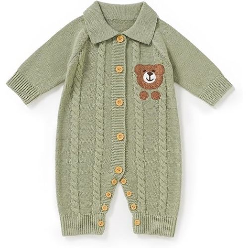 Avibae Knit Baby Sweater Romper, Cotton Thermal Clothes for Newborn Infant, Boys and Girls Onesie, Bear Pattern