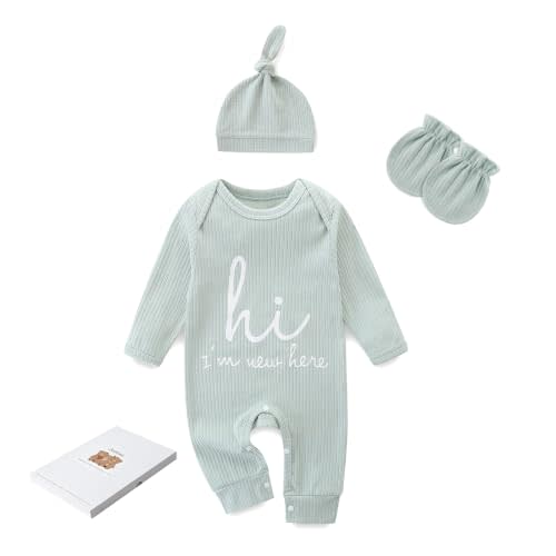 Newborn Girls and Boys Romper, Hi I’m New Here Long Sleeve Cotton Baby Clothes, Coming Home Outfit with Gift Box