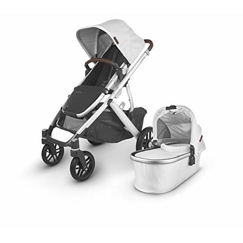 UPPAbaby Vista V2 Stroller / Convertible Single-To-Double System / Bassinet, Toddler Seat, Bug Shield, Rain Shield, and Storage Bag Included / Bryce (White Marl/Silver Frame/Chestnut Leather)