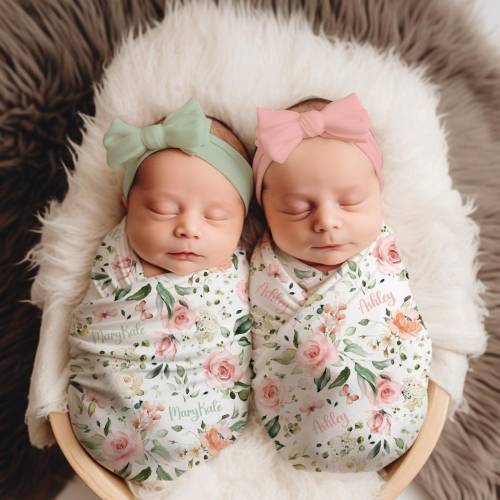 Twin Baby Girls Pink Roses Personalized Swaddle Set, Custom Name Floral Newborn Birth Announcement Outfit, Flower Bow/Knot Hat, Shower Gift