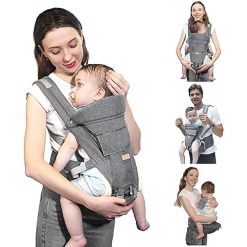 Baby Carrier with Hip Seat, 6-in-1 Baby Carrier Newborn to Toddler, Head Support and Breathable Mesh, Adjustable Removable Soft Ergonomic Baby Sling Carrier (7-41 lbs) for Everyday Family Events, Grey