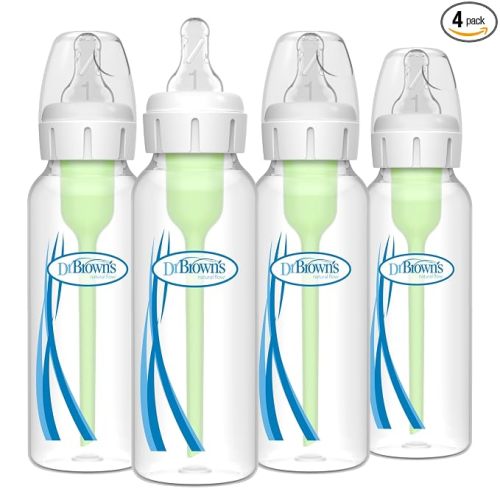 Dr. Brown's Natural Flow Anti-Colic Options+ Narrow Baby Bottle, 8 oz/250 mL, with Level 1 Slow Flow Nipples, 0m+, 4 Pack