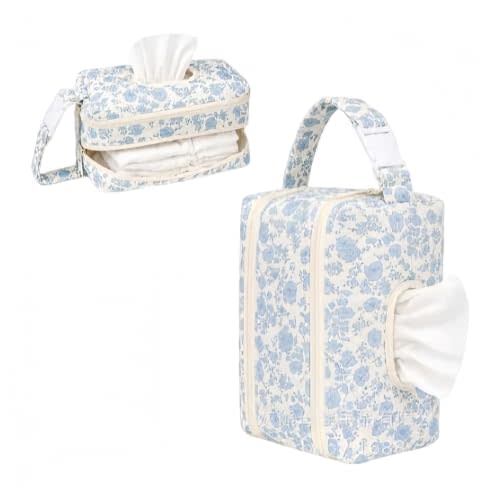 Qulited Diaper and Wipes Pouch Diaper Clutch Travel Wipes Case Dispenser (Sky Blue Floral)