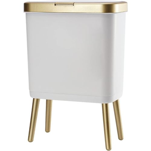Procade Bathroom Trash Can with Lid, Plastic Garbage Can with Legs, 4 Gallon Gold Trash Bin with Push Button, Narrow White Trash Can Waste Basket for Bedroom, Living Room,Office,Dog Proof Trash Bin