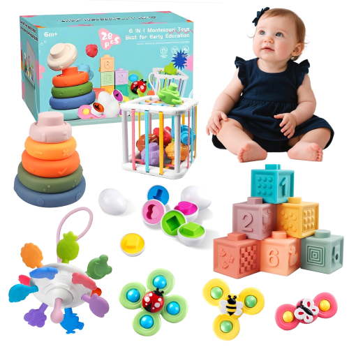 6-in-1 Montessori Baby Toys for 6-12 Months, Pull String Teether, Infant Stacking Blocks, Sensory Storage Bin Teething Toy Gifts for 1 2 3 Year Old Boys Girls
