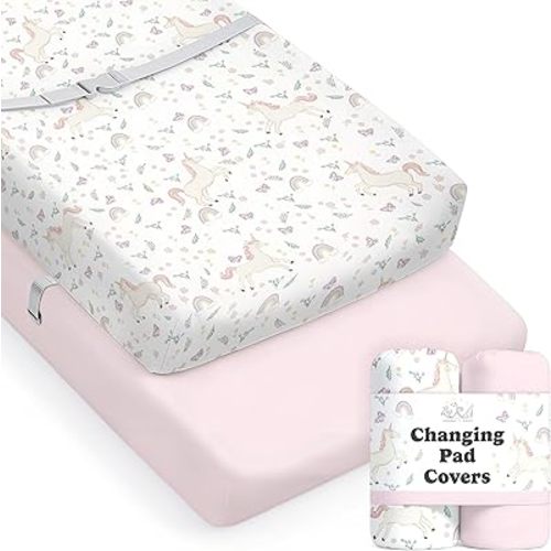 Baby Changing Pad Cover 2-Pack for Boys, Girls (Unicorn Blossom) - Premium Fitted Sheets Baby Diaper Changing Table Cover - Buttery Soft Cotton Blend