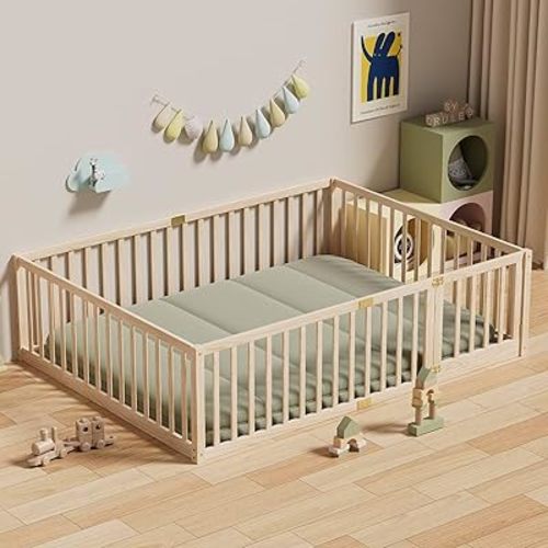 LLS Queen Size Floor Bed with 21.6" High Fence for Kids Boys Girls, Solid Wood Multifunctional Montessori Bed Frame with Door, Without Slats, Natural