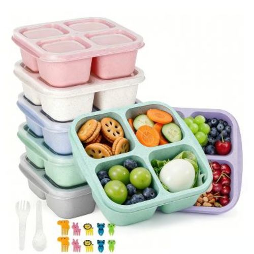 6-Pack, 4-Compartment Eco-Friendly Bento Lunch Box Containers | Wheat Straw Meal Prep Set with Utensils & Food Picks | Non-Toxic & Stackable