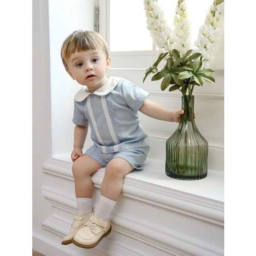 Souflis Souflis 2pcs/Set Baby Boy Casual Outfit - Collared Ruffle Trim Short Sleeve Top And Pants | SHEIN USA