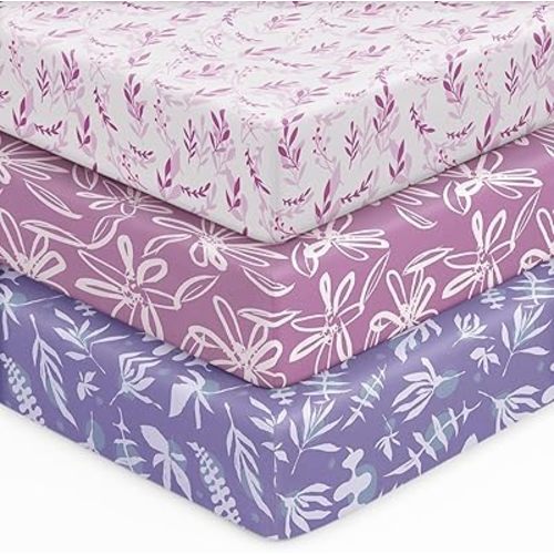 Baby Crib Sheets for Boys Girls, 28x52x8in Fitted Crib Sheet Neutral 3 Pack for Standard Crib and Toddler Mattress, Breathable Soft Microfiber Baby Sheet Purple Leaf