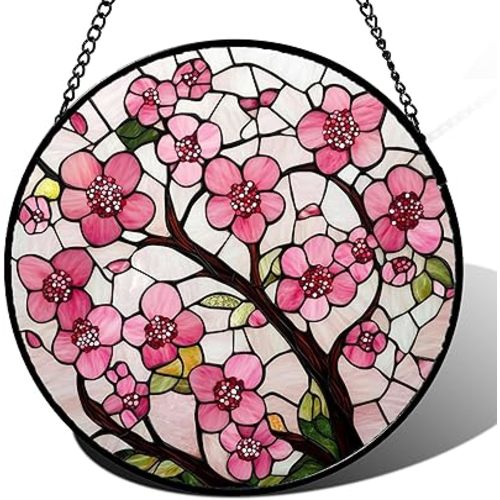 Stained Glass Window Hanging - Cherry Blossoms Birth Flower Suncatcher for Door Garden Patio Sun Catchers Decor Christmas Mother's Day Birthday Gifts for Women Mom Nana Friend Wife 7.8 in