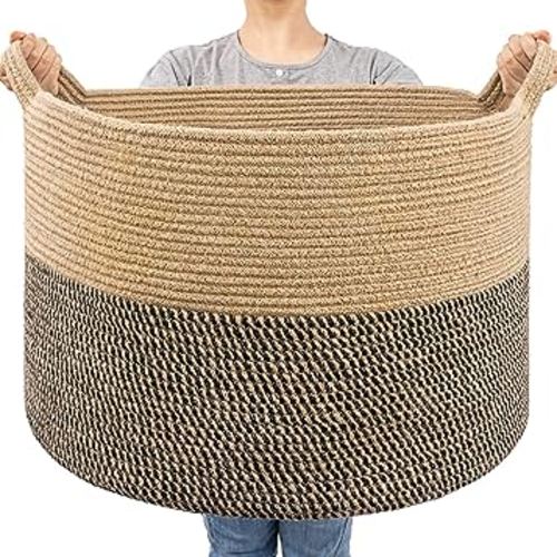 Goodpick Extra Large Wicker Storage Basket, 83L Woven Blanket Storage for Living Room, Round Baby Basket for Clothes, Big Laundry Hamper for Pillow, 21.7 x 13.8 inches