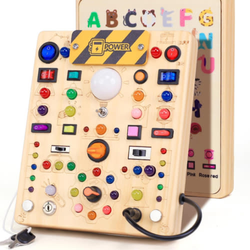 Busy Board with 19 LED Light Switches, Montessori Toys for 1 2 3 Years Old, Wooden Sensory Board, Toddlers Activity Travel Toys for 1 2 3 Year Old Boy & Girl Birthday Gift (Big)