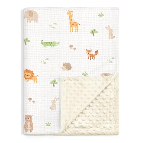 Animal Baby Blankets for Boys Girls, Soft Nursery Minky Blankets with Muslin and Dotted Fleece Back 30x40 inches, Receiving Bed Quilt for Newborn, Infants, Toddlers