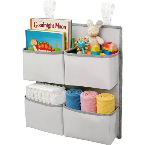 Hanging Diaper Organizer for Crib/Playard/Bassinet/Playpen – Hold 80+ Diapers - Changing Table Diaper Holder - Hanging Diaper Storage Stacker Nursery Caddy Organizer for Newborns (Silver-gray)