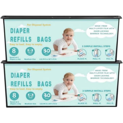 Diaper Pail Refills Bags with 30 Bags Compatible with Genie Easy Roll Signature and Platinum Diaper Pails, 7-Layer Odor-Barrier Technology-2 Packs