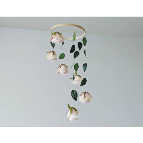Pink Rose Baby Mobile - Floral and Leaf Crib Hanging - Pink Baby Girl Decor - Woodland Nursery - Blush Infant Decoration - Mobile Bebe