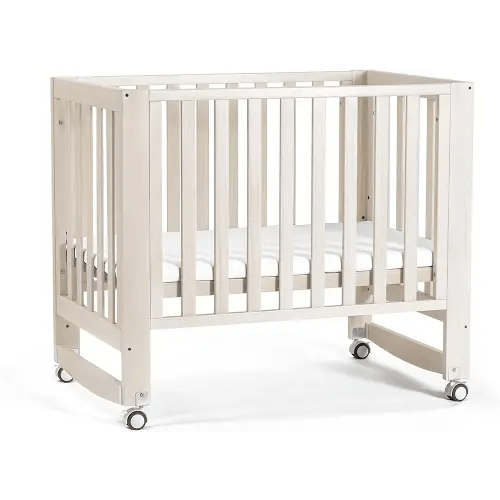 EvoNest Baby Crib, 6 in 1 Convertible Mini Crib with Wheels, 100% New Zealand Wood Growing Bed, 4 Adjustable Mattress Height, Wahsed Natural (Beige)