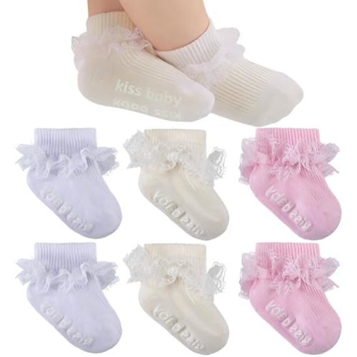 Baby Girl Ruffle Socks with Grips Turn Cuff Ankle Lace Frilly Dress Socks for Newborn/Infant/Toddler/Little Kids