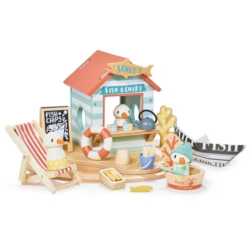 Tender Leaf Toys - Sandy’s Beach Hut - Wooden Toy Seagull Family with Fish and Chips Beach Hut and Accessories - Imaginative Play Set - Develop Creative Storytelling - Fine Motor Skills - Age 3+