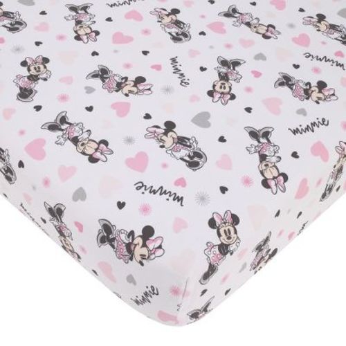 NoJo Disney Minnie Mouse My Happy Place Pink, Black, Gray, and White 100% Cotton Nursery Fitted Crib Sheet