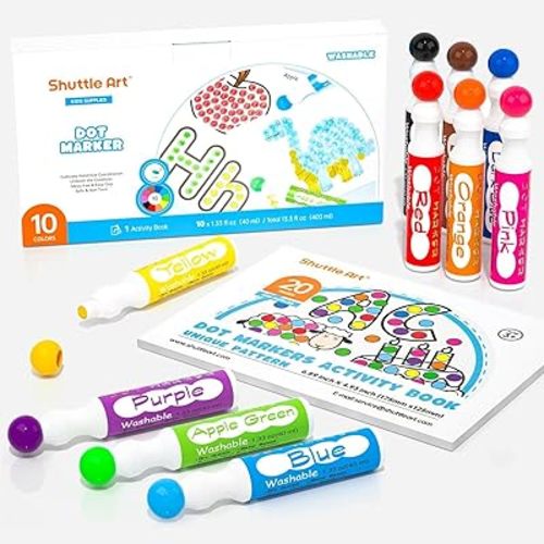 Shuttle Art 10 Colors Dot Marker Washable Non-Toxic Dot Marker for Children Early Education, Bingo Dabber for Creation with 1 Dot Activity Book