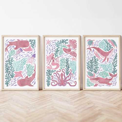 Girls Ocean Nursery Wall Art, Mermaid Whale Shark Sea Turtle Prints Teal Pink Coastal Girl Room Decor Watercolor Nursery Prints Set of 3