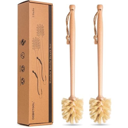 DEBETOOL 2-Pack Natural Wooden Bottle Brush with Sisal Bristles, Long Handle Bottle Brush Cleaner for Wide Mouth Jars, Water Bottles, Cups, Glasses, Baby Bottles (Non-Scratch)