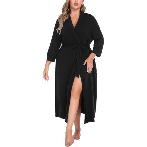 IN'VOLAND Womens Plus Size Kimono Robes Long Knit Bathrobe V Neck Ladies Loungewear Lightweight Soft Sleepwear 1X-5X