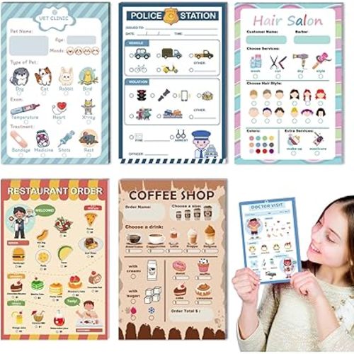 6 PCs Kids Pretend Play Notepads 4X6 In Pretend Play Notebooks Playtime Notepads Variety Role Play Game Accessories Include Restaurant Doctor Police Vet Coffee Salon 30 Pages Each for Toddlers 3-5
