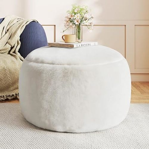 Gericco Round Pouf Ottoman Foot Rest, 29 X 18Inch Floor Poufs Footstool, A Round Modern Foam Filled Foot Stool for Living Room, Home, Nursery, Dorm (White, 29Inch)