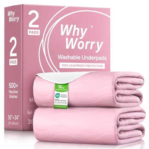 WhyWorry Washable Bed Pads for Adult Incontinence, 34"x36", Pink, 2 Count | Pee Pads for Bed Wetting, Reusable Underpads for Elderly & Kids, Waterproof Mattress Protector, Machine Washable