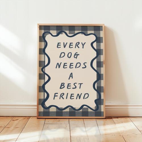 Vintage Dog Nursery Print: Blue Plaid Wall Art (20x16 Digital Download)