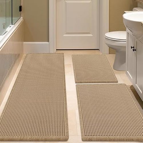 IM HOME Waffle Bath Mat Set 3 Piece Beige,Woven Modern Bath Rug Mats, Absorbent Non Slip Bath Floor Mat, Soft Washable Boho Bath Rugs with Tassels for Bathroom, Bedroom, Kitchen,Tub