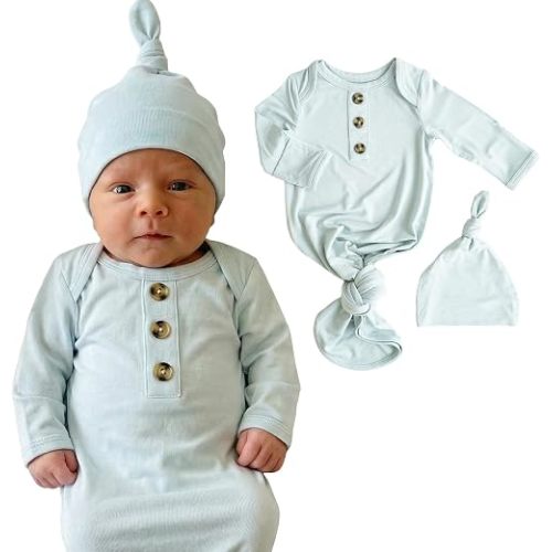 Caden Lane Newborn Knotted Gown with Hat, Soft Bamboo Viscose Baby Sack, Unisex Infant Breathable Night gown