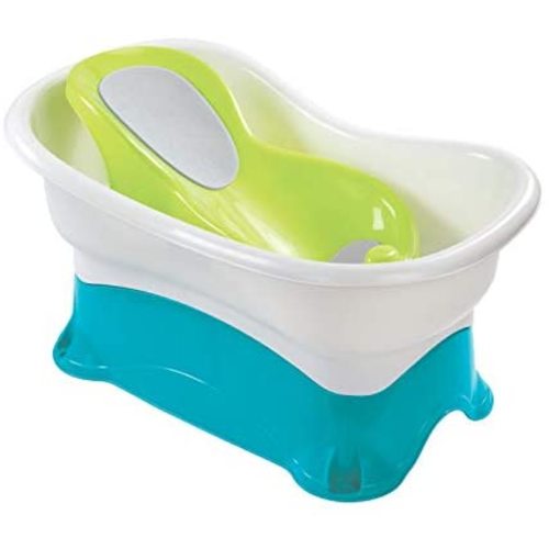 Summer Comfort Height Bath Tub – Elevated and Spacious Baby Bathtub with Newborn Bath Support – Extended Use Features Include Stand-Alone Kneeler and Stepstool